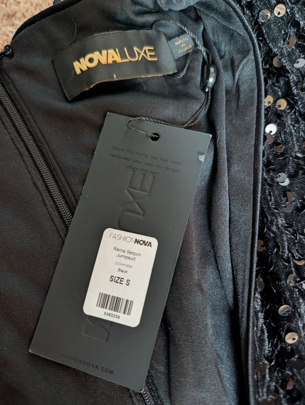 Black Sequin Long-Sleeve V-Neck Pantsuit with Bell Sleeves - Picture 4 of 4